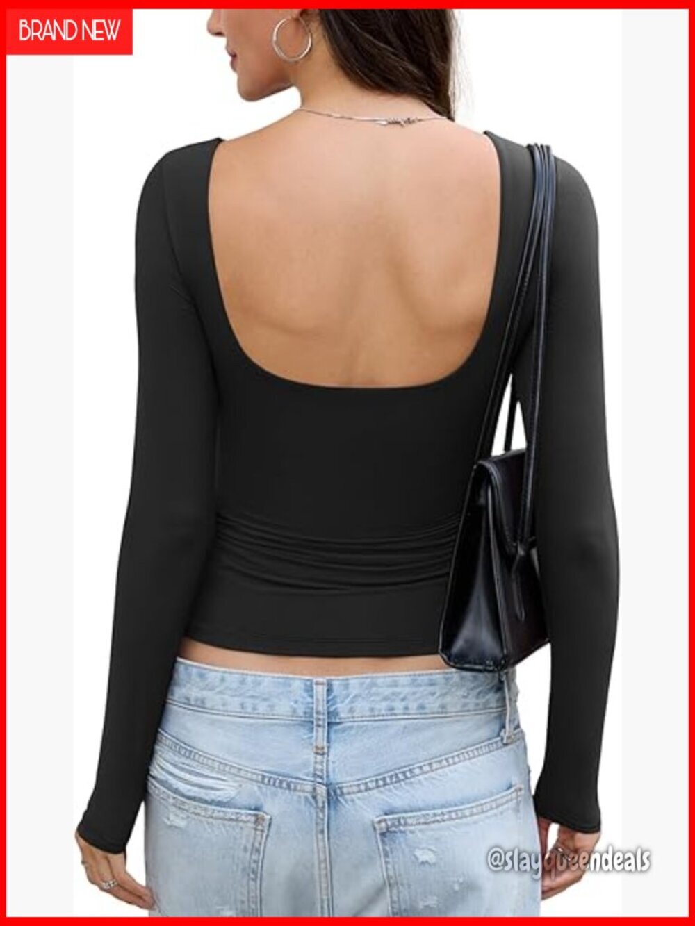 Open Back Long Sleeve Top Y2K Going Out Tee Boat Neck Double Lined